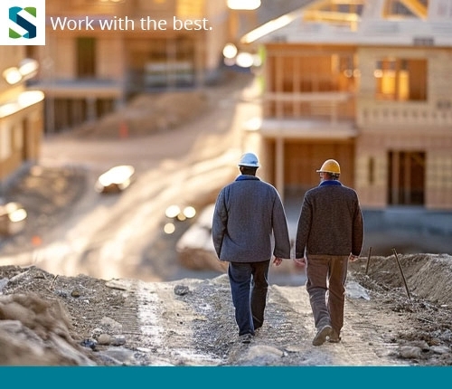 Builders walking at the construction site