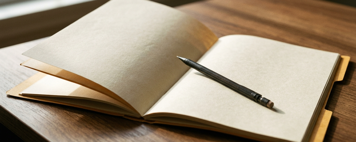 Open notebook with blank pages and pen on wooden desk with window light