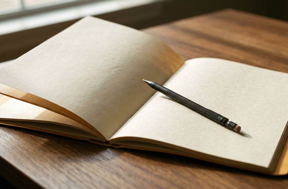 Open notebook with blank pages and pen on wooden desk with window light