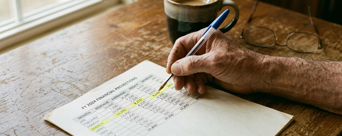 Weathered hand holding a pen over financial projections spreadsheet on a worn wooden desk with coffee mug and reading glasses