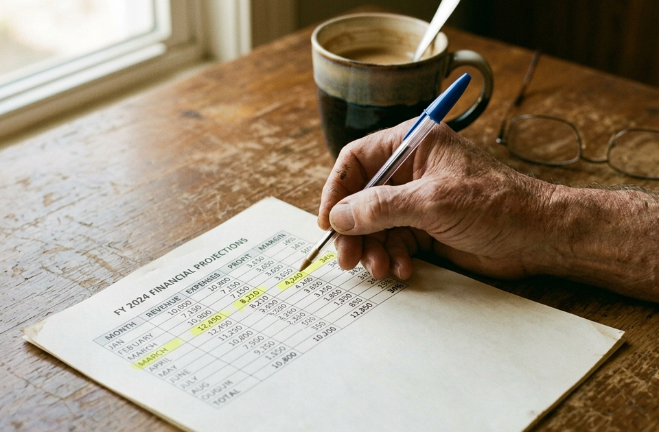 Weathered hand holding a pen over financial projections spreadsheet on a worn wooden desk with coffee mug and reading glasses
