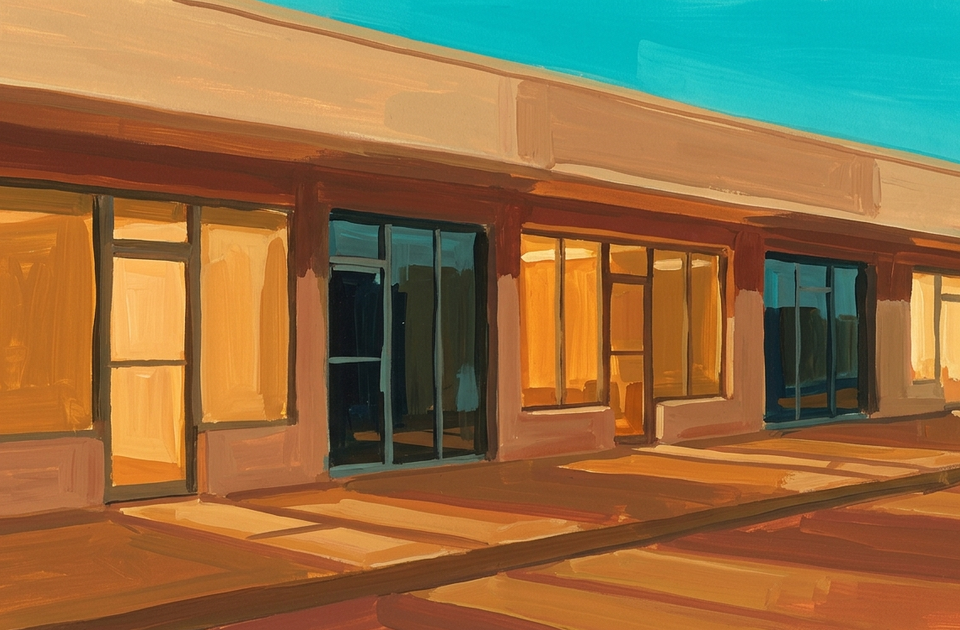 Modern storefront with orange and tan exterior, large windows, and turquoise sky reflecting Lake Havasu...