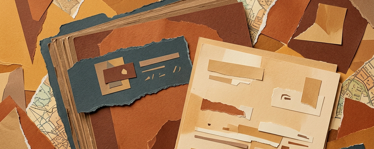 Paper collage illustration of layered torn documents and maps representing Lake Havasu commercial lease terms in earth tones