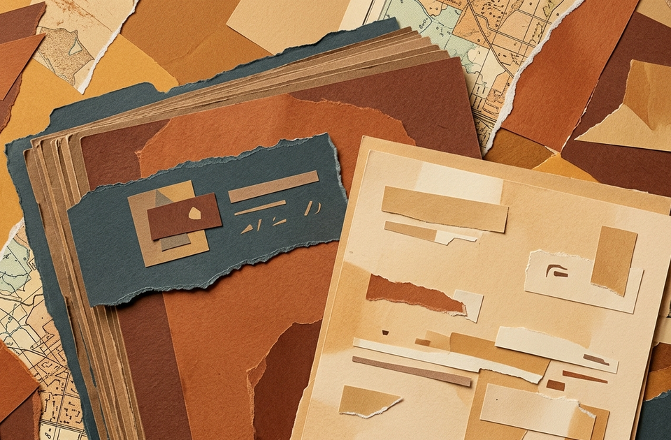 Paper collage illustration of layered torn documents and maps representing Lake Havasu commercial lease terms in earth tones