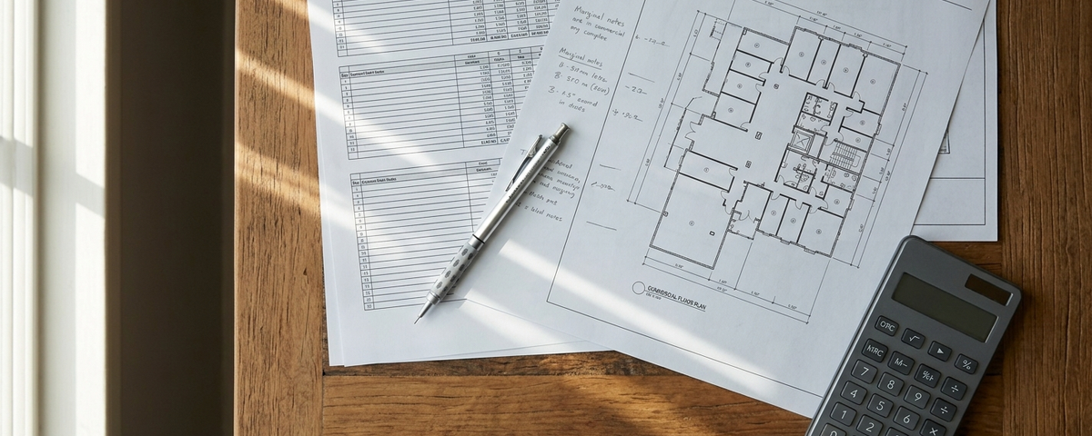 Rent roll spreadsheet, commercial floor plan blueprint, silver pen, and calculator on wooden desk for Lake Havasu...