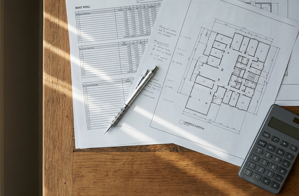 Rent roll spreadsheet, commercial floor plan blueprint, silver pen, and calculator on wooden desk for Lake Havasu...