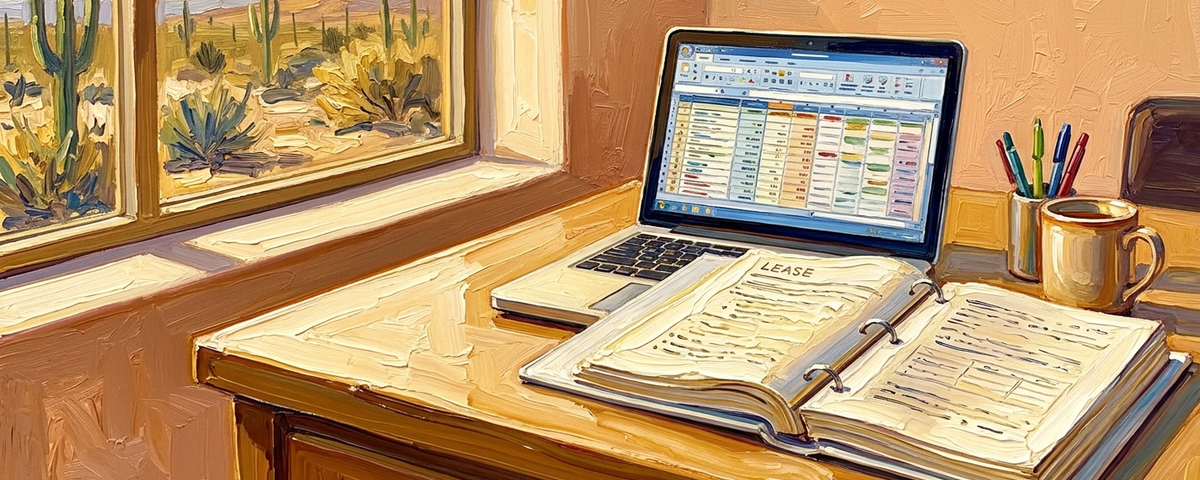 Oil painting of a desk with an open lease binder and laptop showing spreadsheet, desert cactus view ? Lake Havasu...