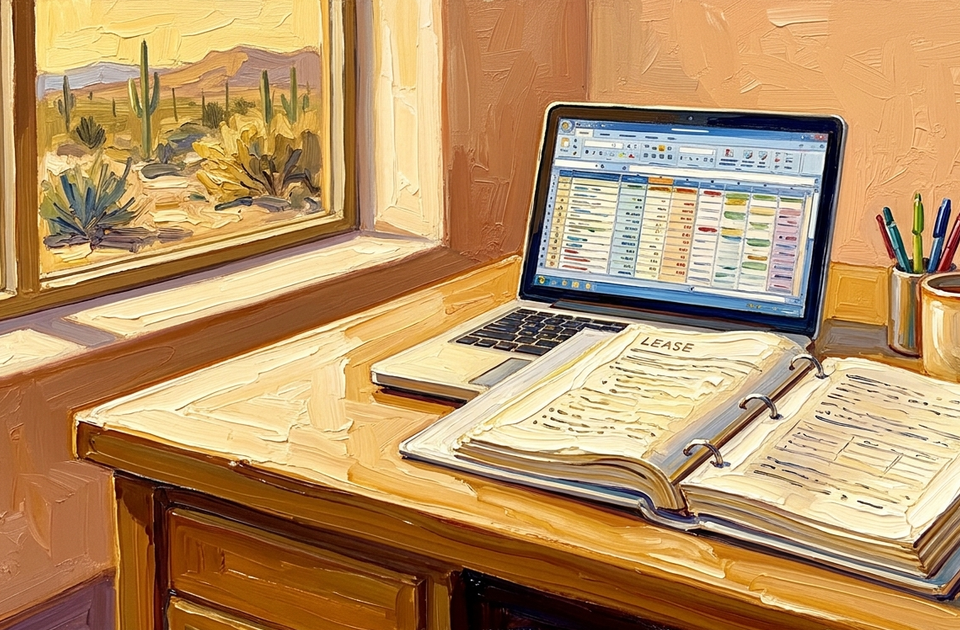 Oil painting of a desk with an open lease binder and laptop showing spreadsheet, desert cactus view ? Lake Havasu...