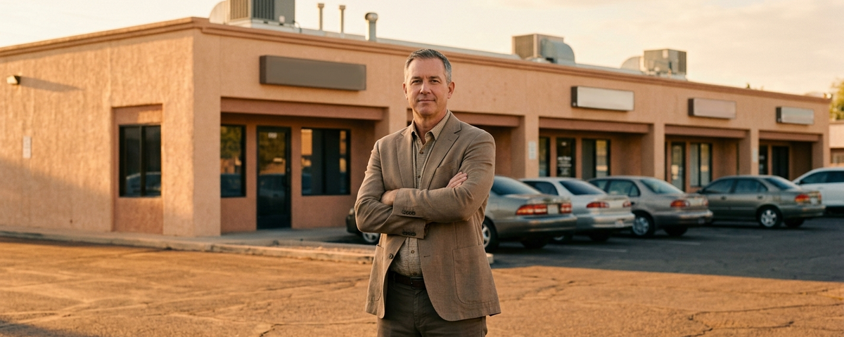 Man in blazer standing arms crossed in empty parking lot before a vacant commercial strip center at golden hour