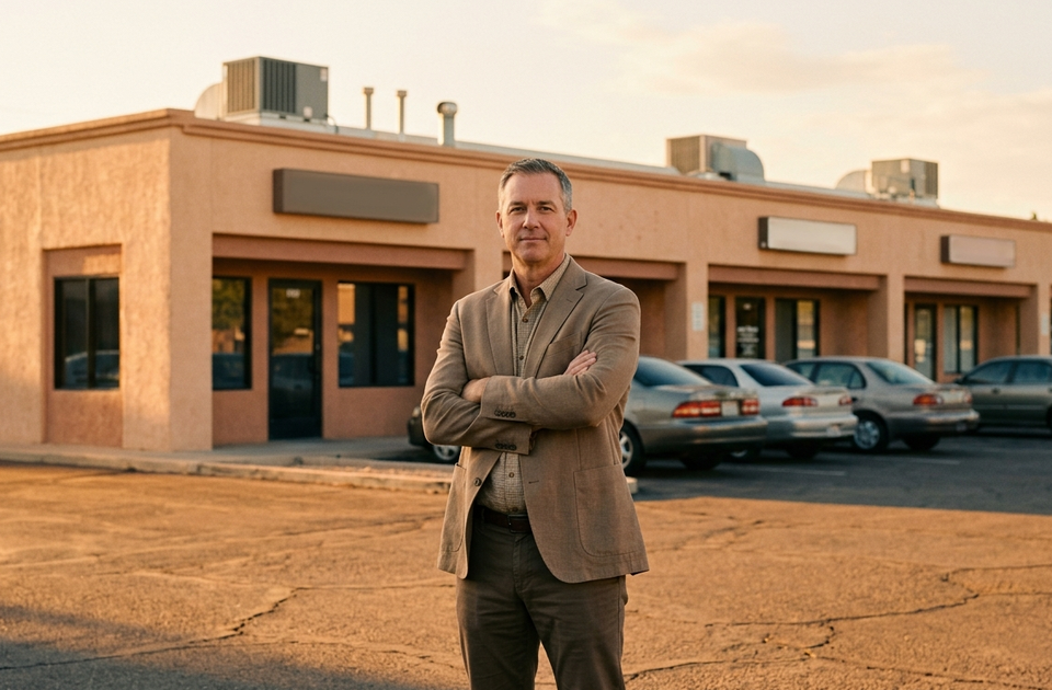 Man in blazer standing arms crossed in empty parking lot before a vacant commercial strip center at golden hour