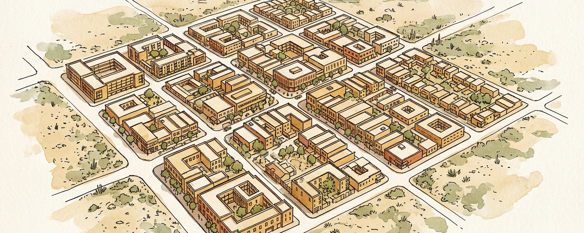Clean, well-executed editorial illustration of a stylized desert neighborhood with confident linework and warm watercolor wash?no glitches, text, or tone issues