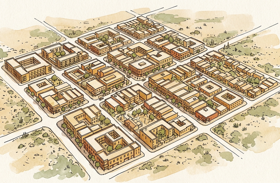Clean, well-executed editorial illustration of a stylized desert neighborhood with confident linework and warm watercolor wash?no glitches, text, or tone issues