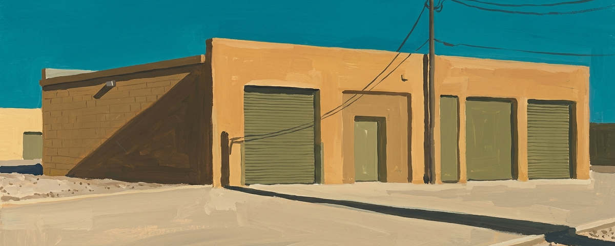 Painting of a tan desert warehouse with green roll-up doors under teal sky, evoking Lake Havasu in-place rent risk concerns