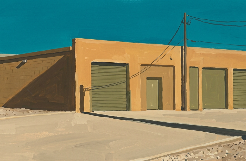 Painting of a tan desert warehouse with green roll-up doors under teal sky, evoking Lake Havasu in-place rent risk concerns