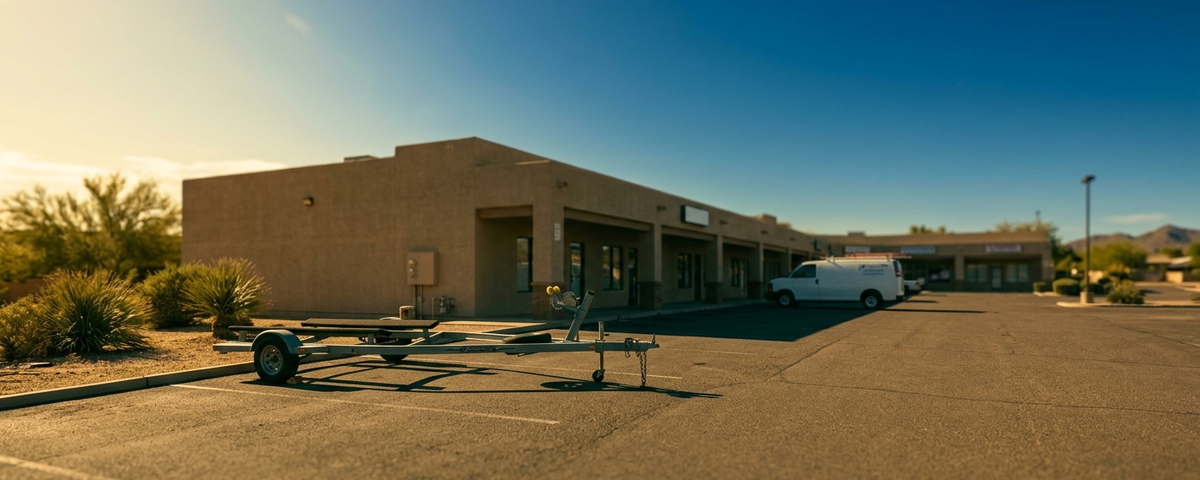 Empty boat trailer parked in a Lake Havasu tenant mix strip mall lot under a warm desert sun with desert landscaping nearby