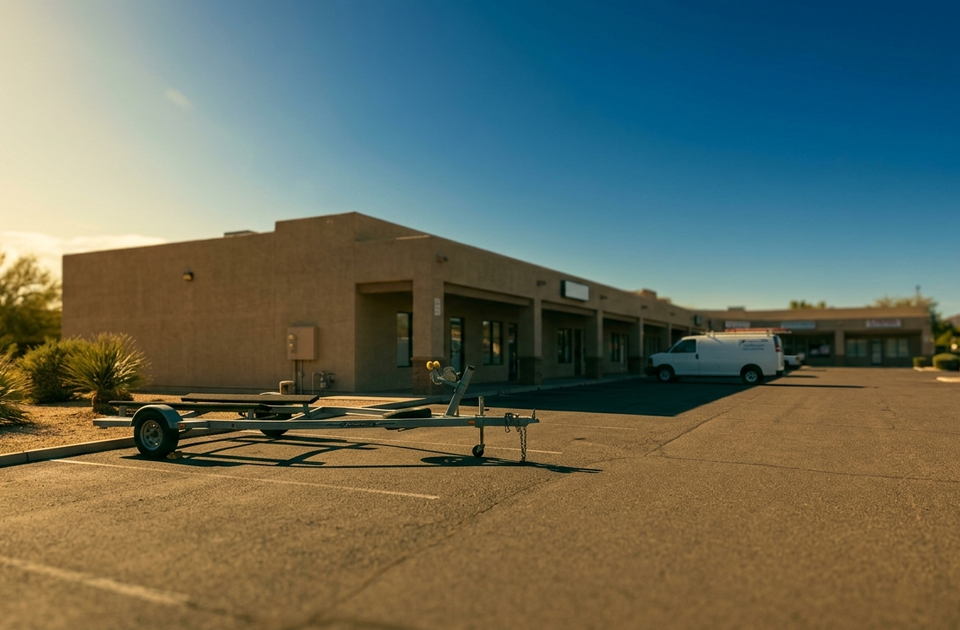 Empty boat trailer parked in a Lake Havasu tenant mix strip mall lot under a warm desert sun with desert landscaping nearby