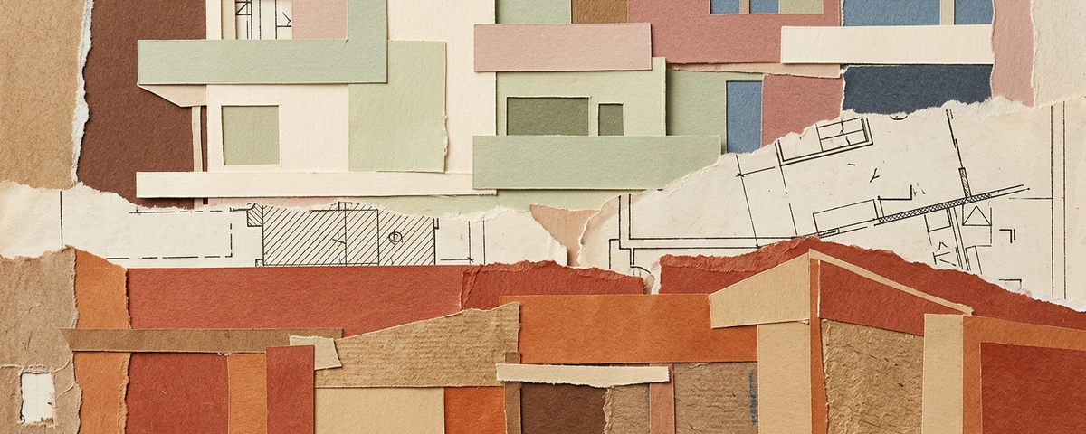 Architectural collage showing mixed-use development Lake Havasu building sections, elevations, and floor plan sketches...