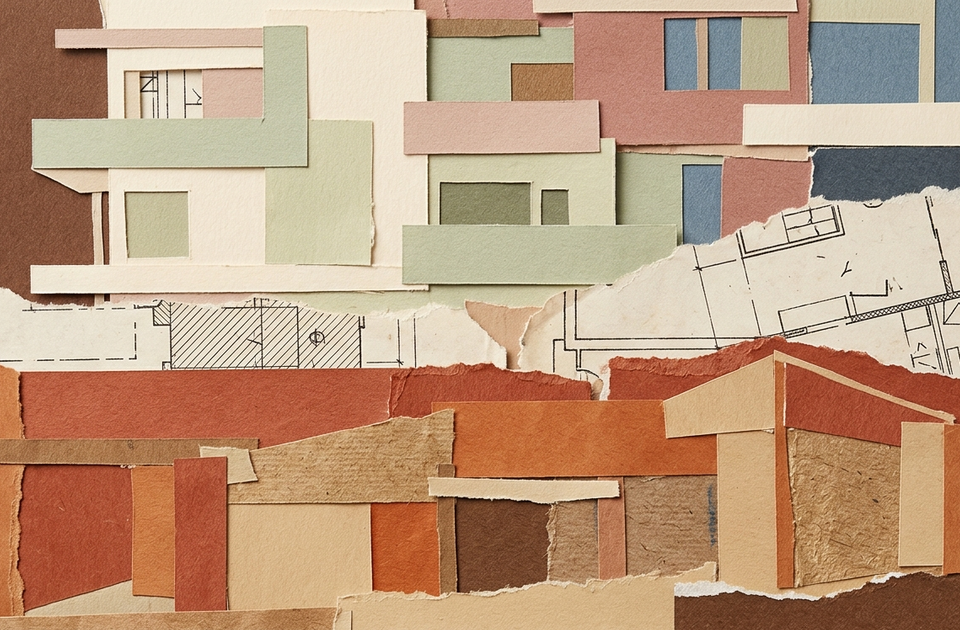 Architectural collage showing mixed-use development Lake Havasu building sections, elevations, and floor plan sketches...