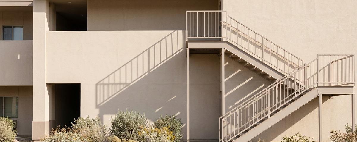Two-story beige stucco office building with exterior metal staircase and desert landscaping, Lake Havasu office...