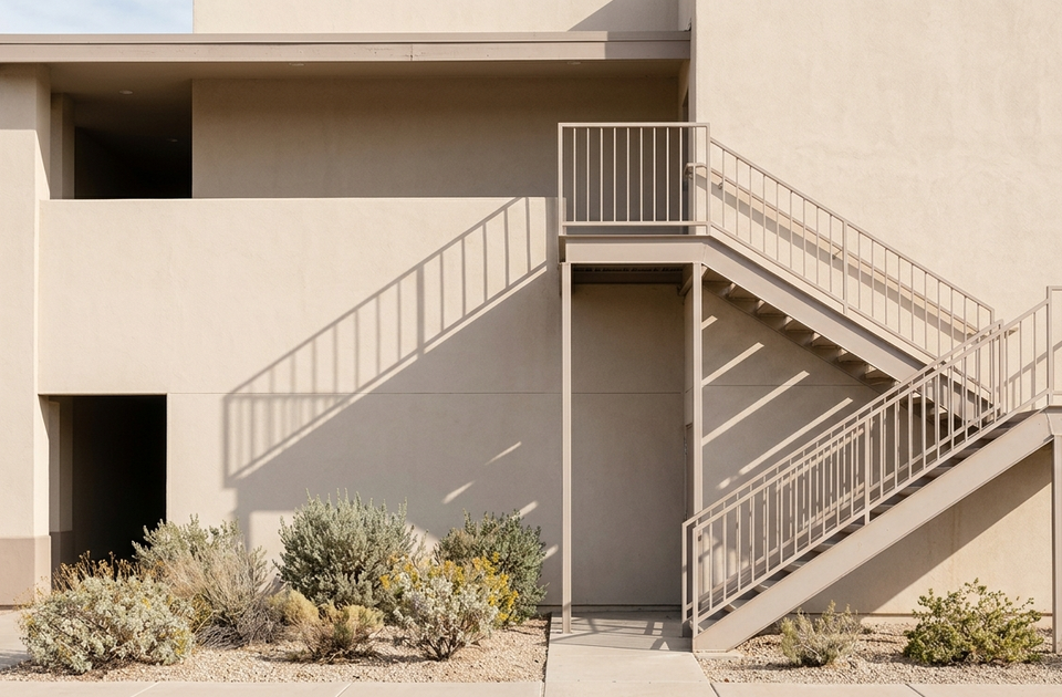 Two-story beige stucco office building with exterior metal staircase and desert landscaping, Lake Havasu office...