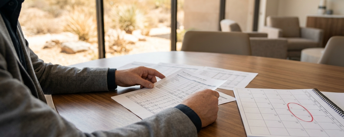 Person reviewing 1031 replacement property Arizona documents at wooden table with desert view through windows