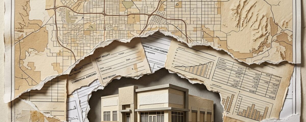 Collage of torn map and building paper pieces layered together, illustrating buy vs lease commercial space concepts