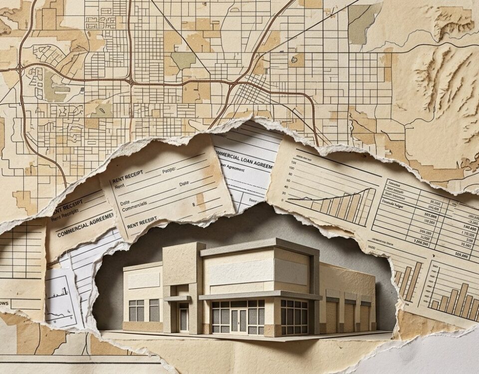 Collage of torn map and building paper pieces layered together, illustrating buy vs lease commercial space concepts