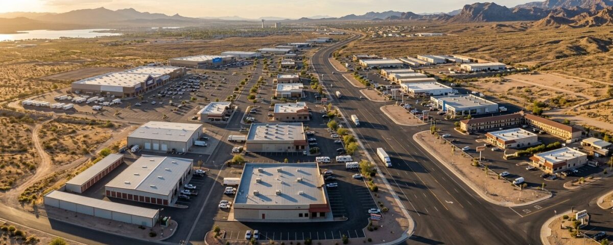 Aerial view of California 1031 exchange industrial complex near Lake Havasu with warehouses, parking lots, and waterfront...
