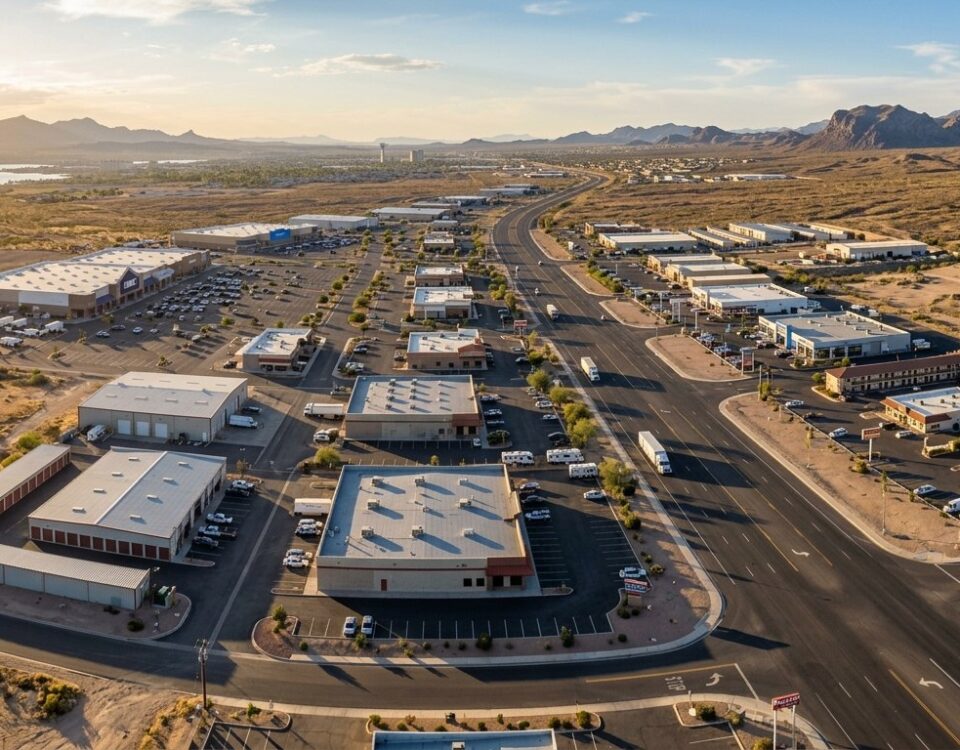 Aerial view of California 1031 exchange industrial complex near Lake Havasu with warehouses, parking lots, and waterfront...