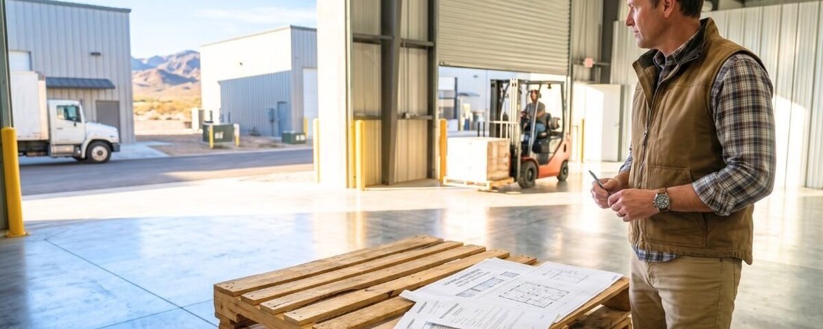 Modern industrial warehouse with metal exterior in desert landscape, Havasu industrial lease rates concept