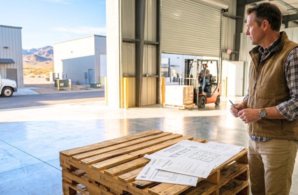 Modern industrial warehouse with metal exterior in desert landscape, Havasu industrial lease rates concept