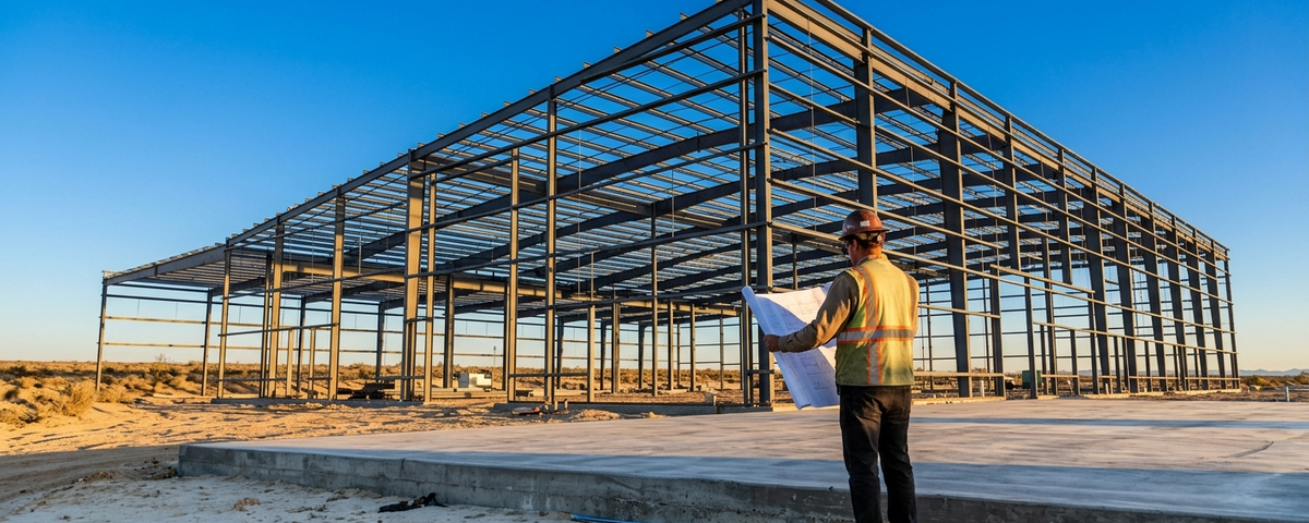 Construction worker reviewing blueprints at Kingman industrial corridor investment steel framework site