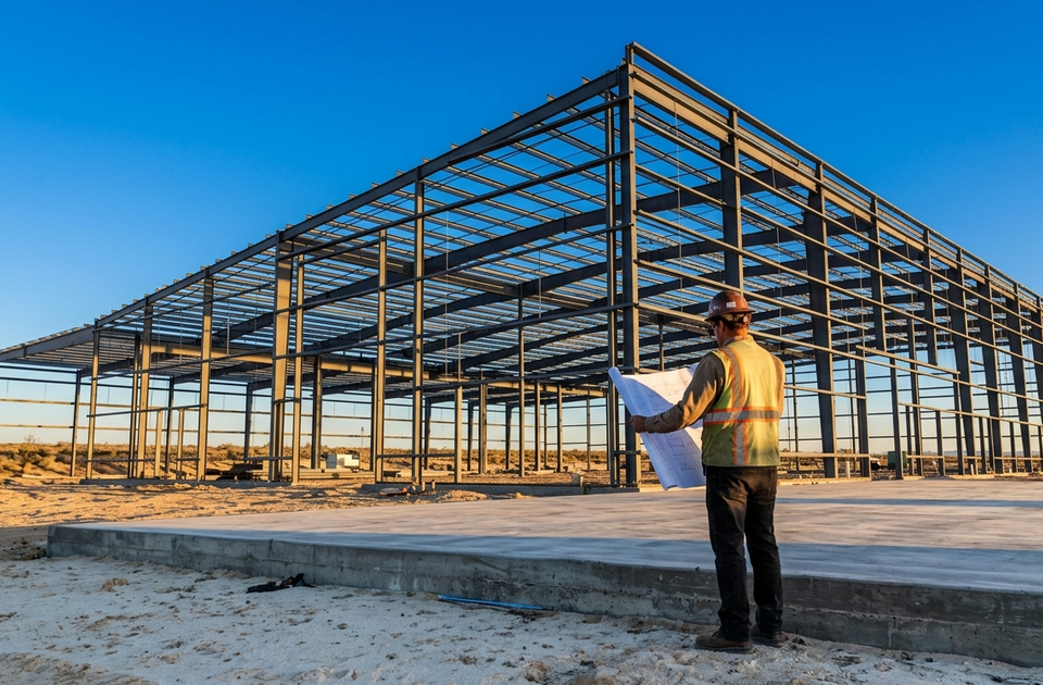 Construction worker reviewing blueprints at Kingman industrial corridor investment steel framework site