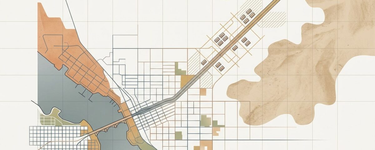 Lake Havasu City commercial land development with industrial buildings and warehouses across arid terrain.