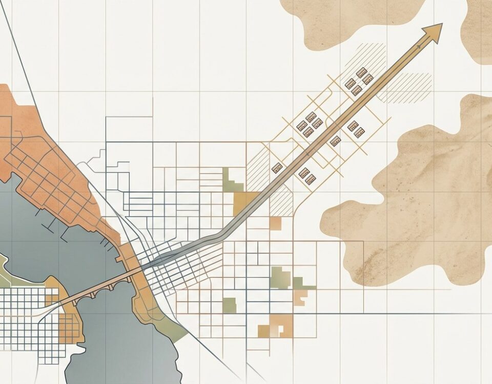 Lake Havasu City commercial land development with industrial buildings and warehouses across arid terrain.