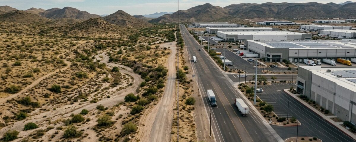 Aerial view of desert construction site showing excavator grading land for Lake Havasu M2 rezoning development project