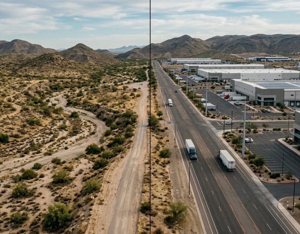 Aerial view of desert construction site showing excavator grading land for Lake Havasu M2 rezoning development project