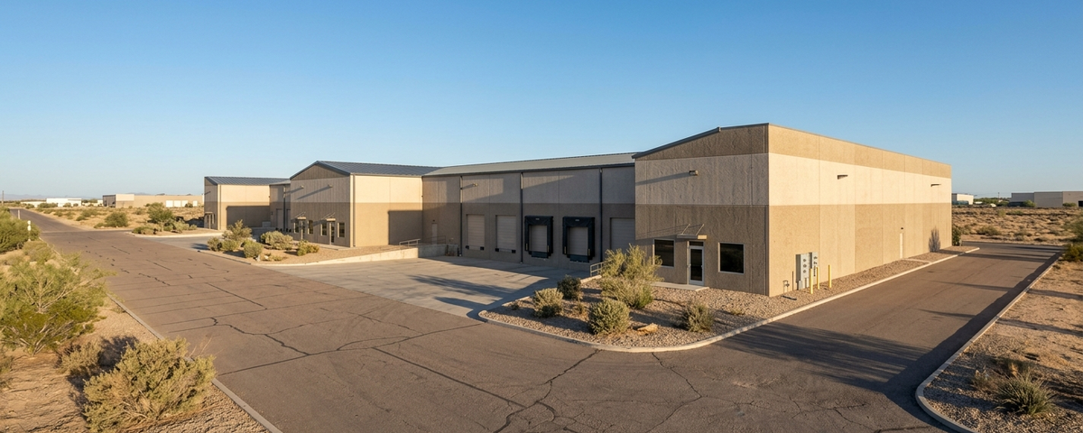 Modern commercial warehouse building in Lake Havasu with tan and gray exterior, asphalt parking lot, and desert...