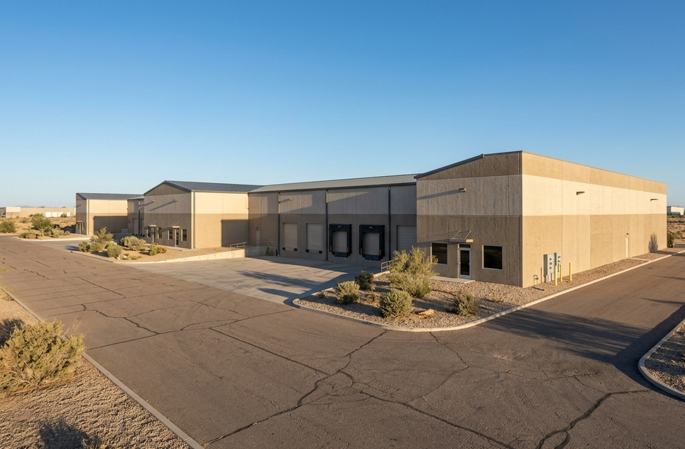 Modern commercial warehouse building in Lake Havasu with tan and gray exterior, asphalt parking lot, and desert...