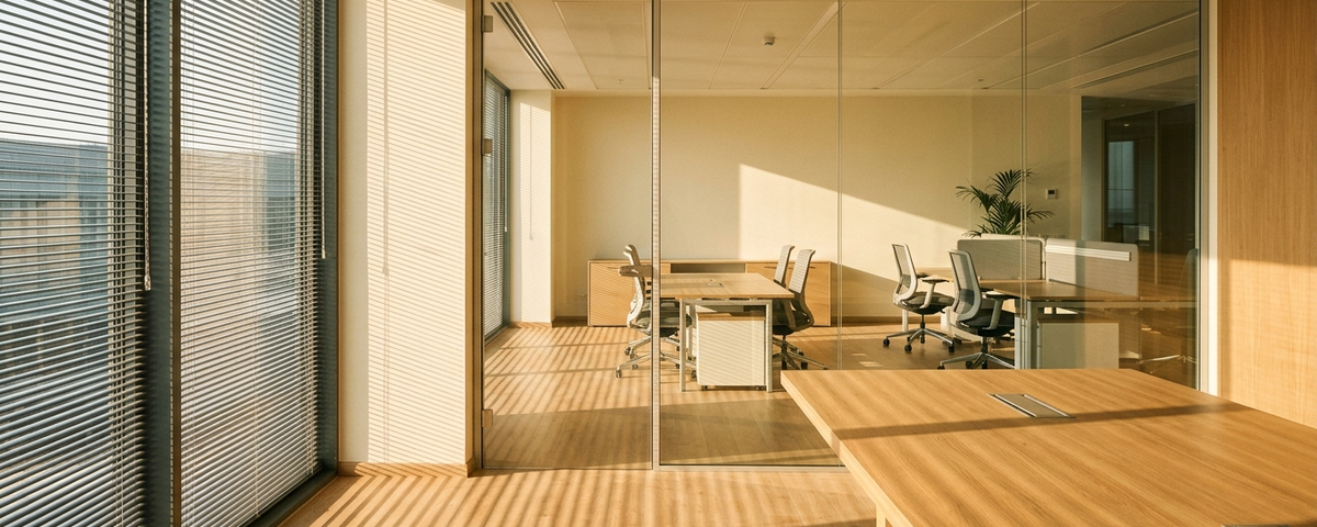 Modern medical office space with glass partitions, wooden desks, and ergonomic chairs flooded with natural light from...