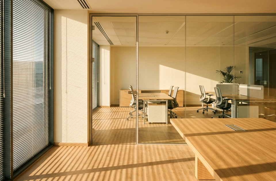 Modern medical office space with glass partitions, wooden desks, and ergonomic chairs flooded with natural light from...