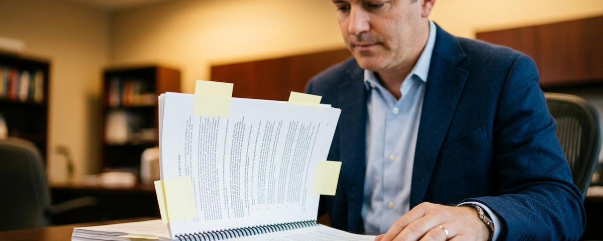 Businessman reviewing triple net lease underwriting documents with sticky notes at desk in office