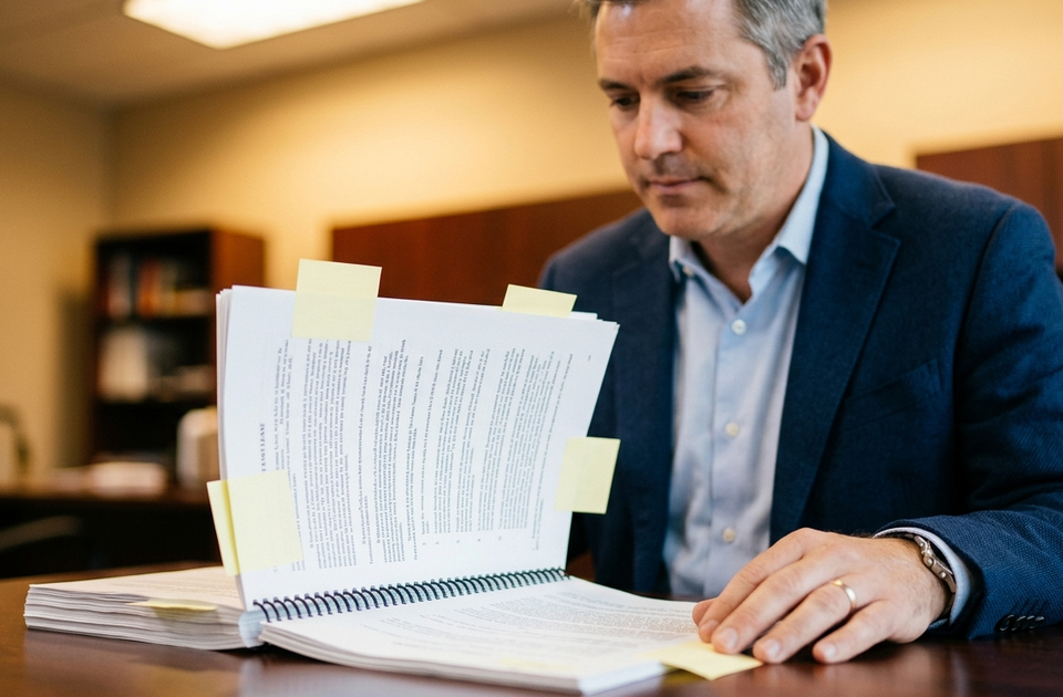 Businessman reviewing triple net lease underwriting documents with sticky notes at desk in office