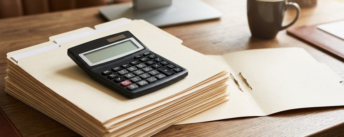 In the foreground, an open desk with a stack of commercial lease documents, tenant files, estoppel certificates, and a