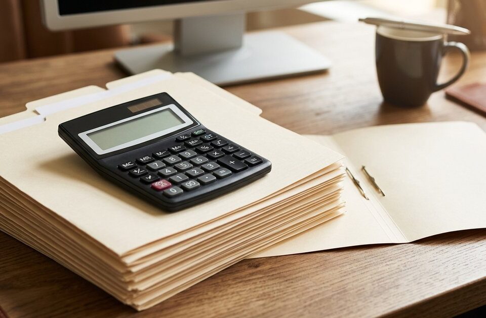 In the foreground, an open desk with a stack of commercial lease documents, tenant files, estoppel certificates, and a