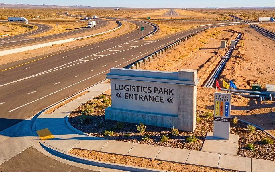 Aerial drone view of the Kingman, Arizona industrial corridor showing a large desert landscape with industrial buildings