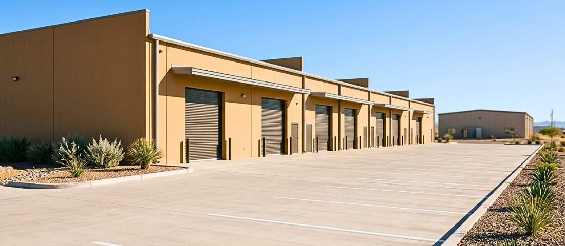 Modern Kingman industrial warehouse with desert landscaping and additional industrial property in the distance