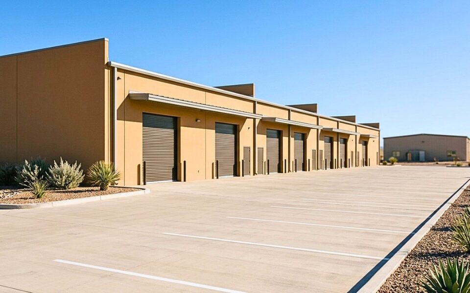 Modern Kingman industrial warehouse with desert landscaping and additional industrial property in the distance