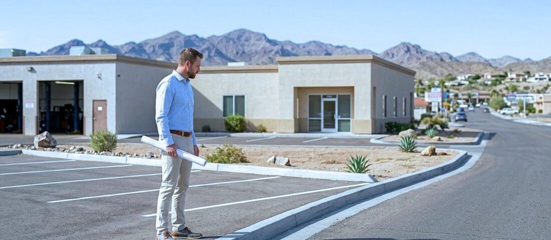 Man in a blue shirt holds rolled papers in a desert parking lot beside a beige commercial building and mountains.