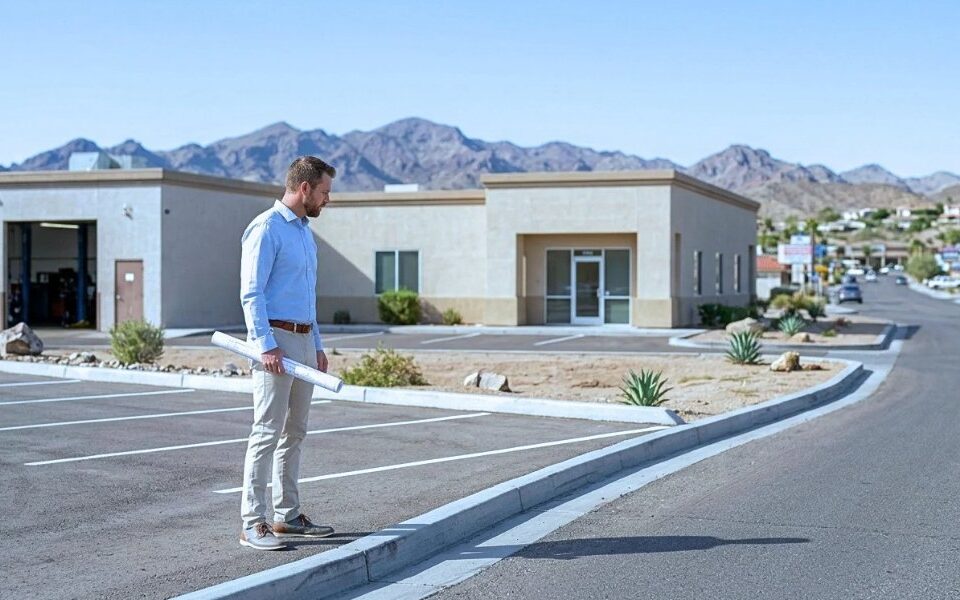 Man in a blue shirt holds rolled papers in a desert parking lot beside a beige commercial building and mountains.